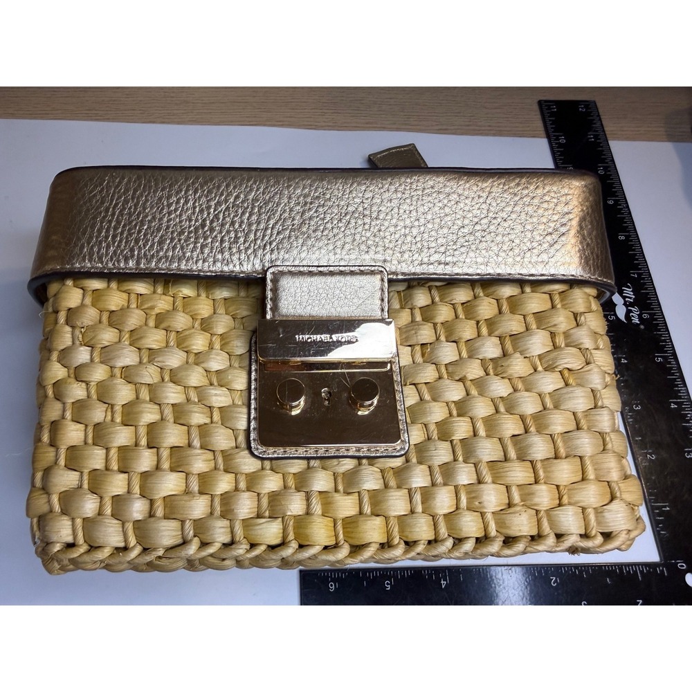 Michael Kors Woven Straw Metallic Gold Leather Crossbody Bag Satchel